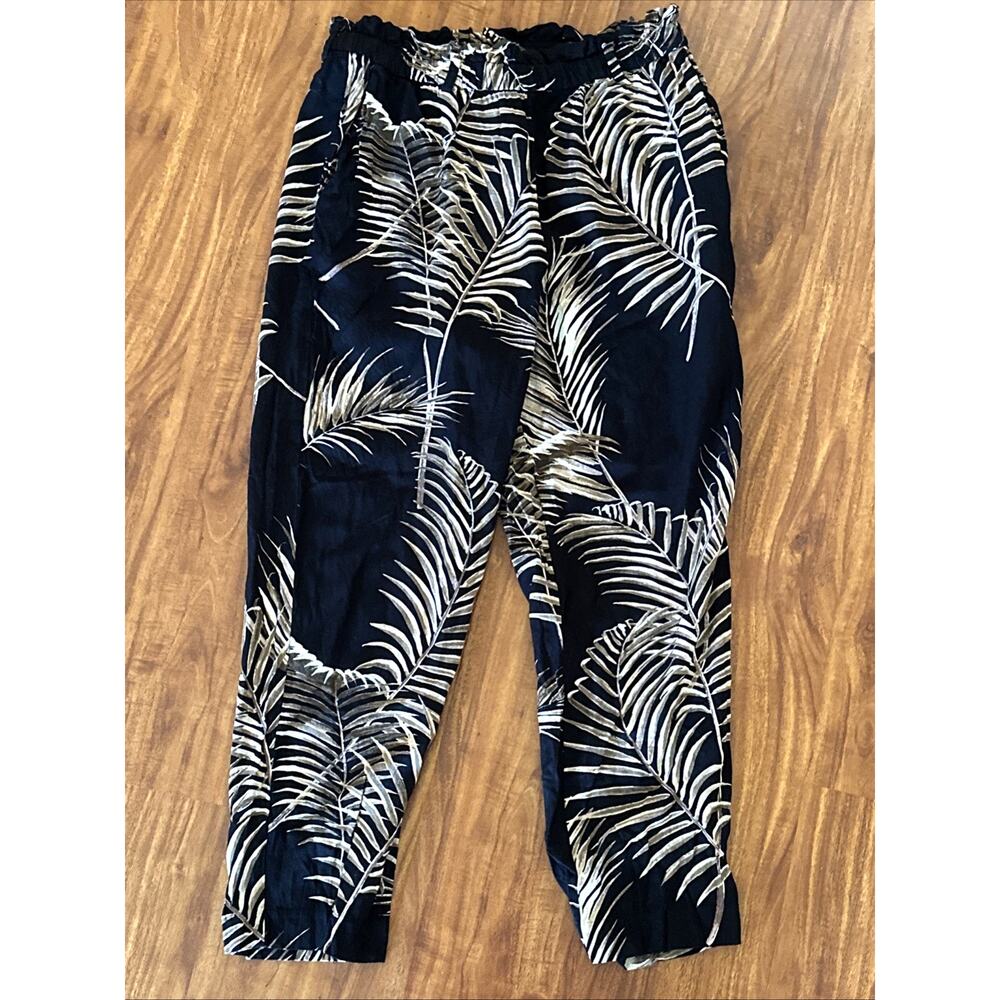 H&M Women's Long Pants Palm‎ Leaves Black Cream Tropical Vacation Cruise Size 8